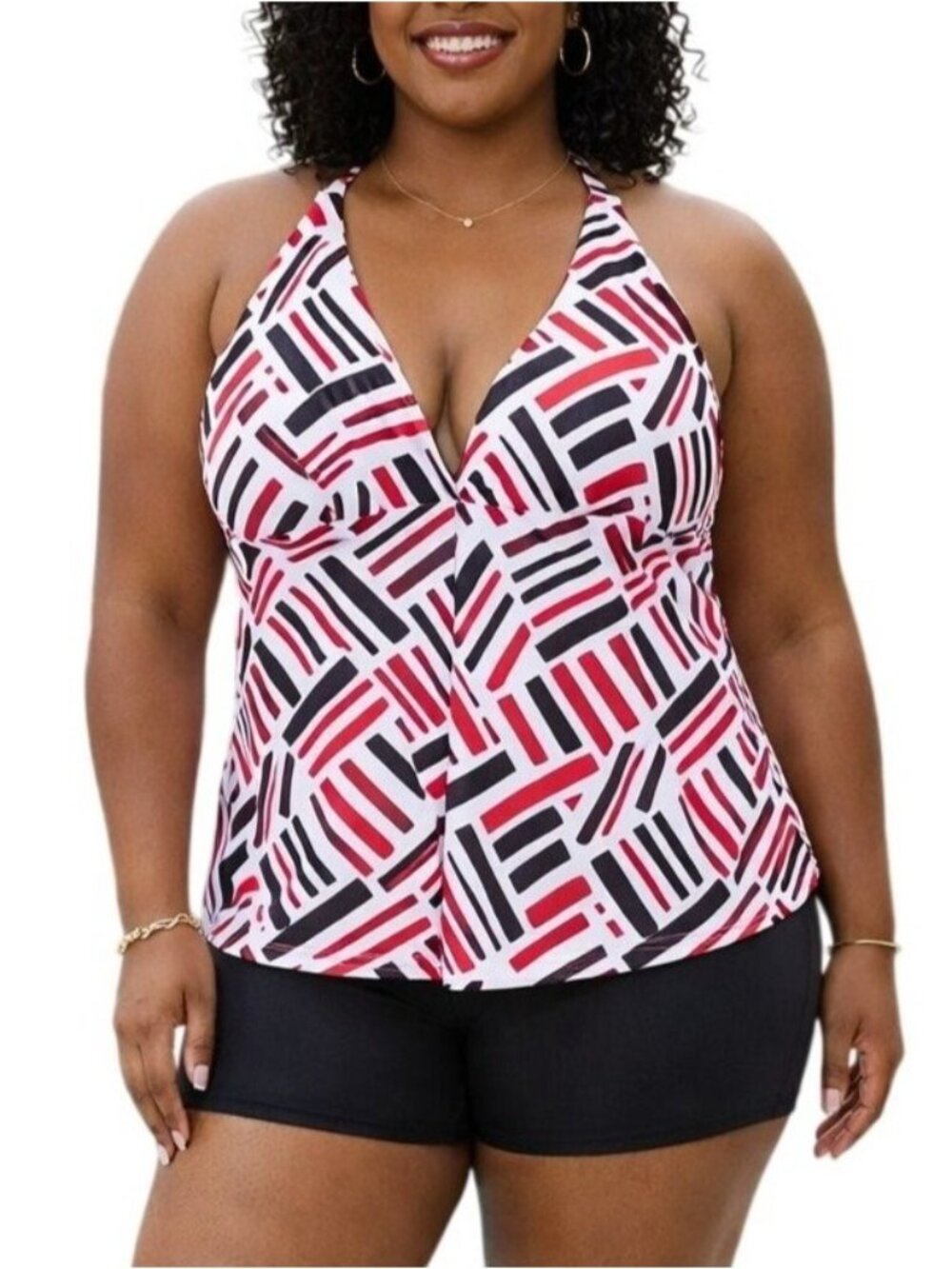 Faded Glory Size Large 12-14 Tankini Top Halter Pink Black Print Swimwear